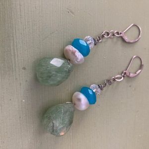 Gemstone Drop Earrings with Biwa Pearls